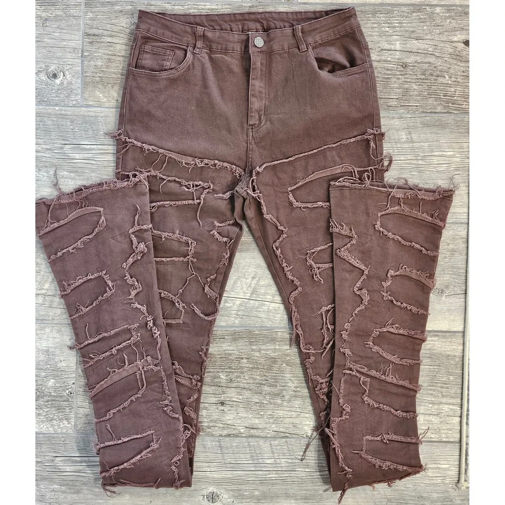 GOTHIC GRUNGE Brown 34 Distressed Patchwork Jeans Streetwear Frayed Raw Edge